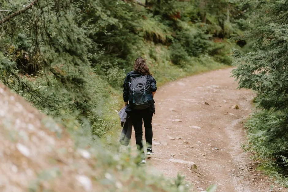 Hiker with a backpack walking along a forested dirt trail